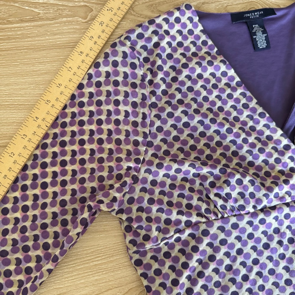 90s Y2K Petite XL Purple Polka Dot Blouse V Neck Surplice Babydoll Preppy Office - Picture 6 of 6